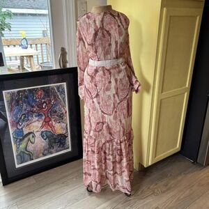 Dixie Dress Womens XS Pink White Floral Long Sleeve Maxi Sheer Ruffle Boho Chic